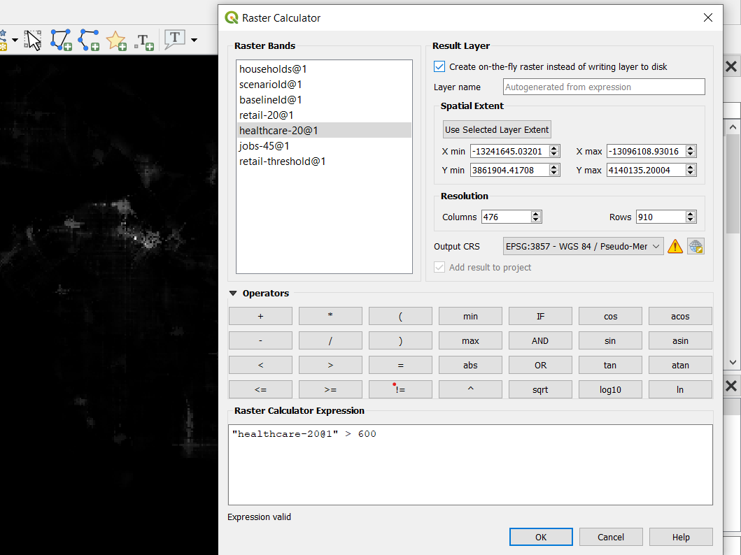 Using the QGIS Raster Calculator to calculate which areas meet a certain threshold