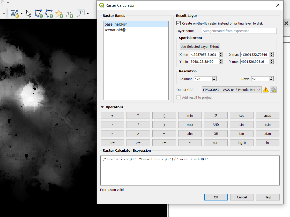 Using the QGIS Raster Calculator with an expression for the percent difference