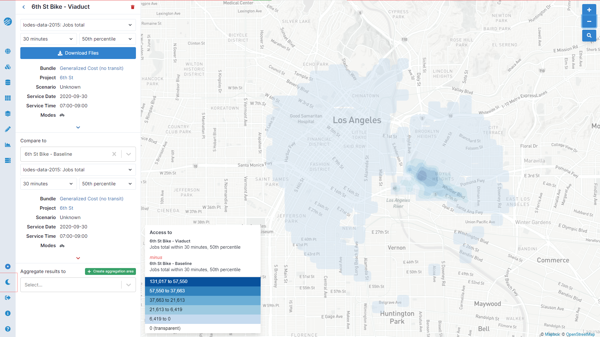 Map showing increase in access from proposed infrastructure in Los Angeles