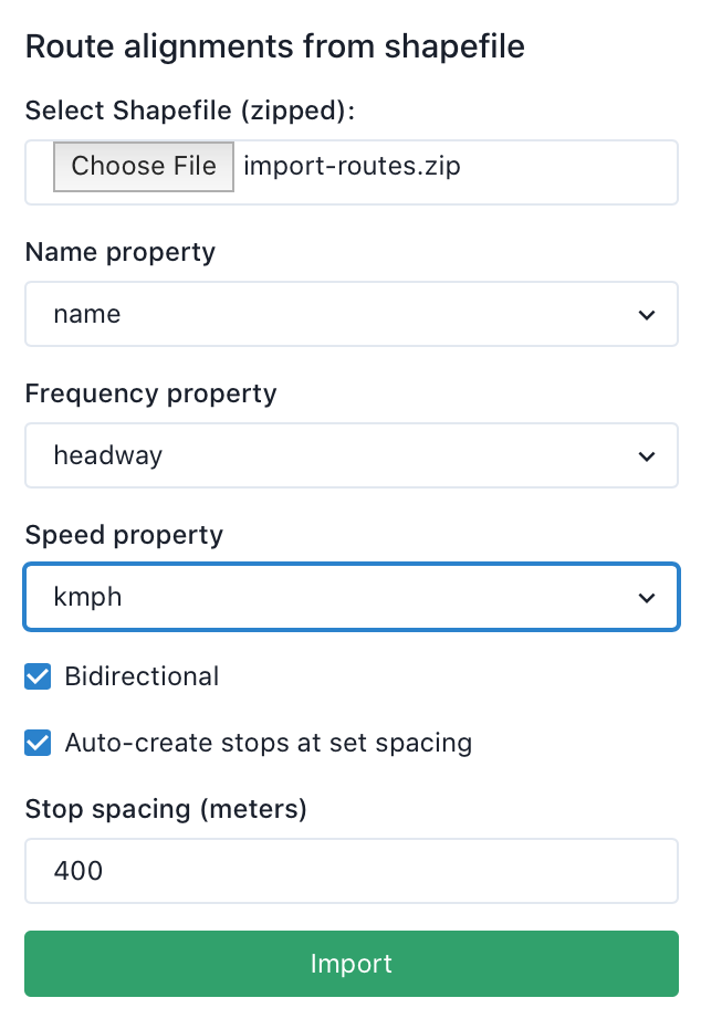 Options for importing route alignments from a shapefile