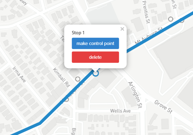 Clicking on a stop or control point brings up options to convert or delete it.