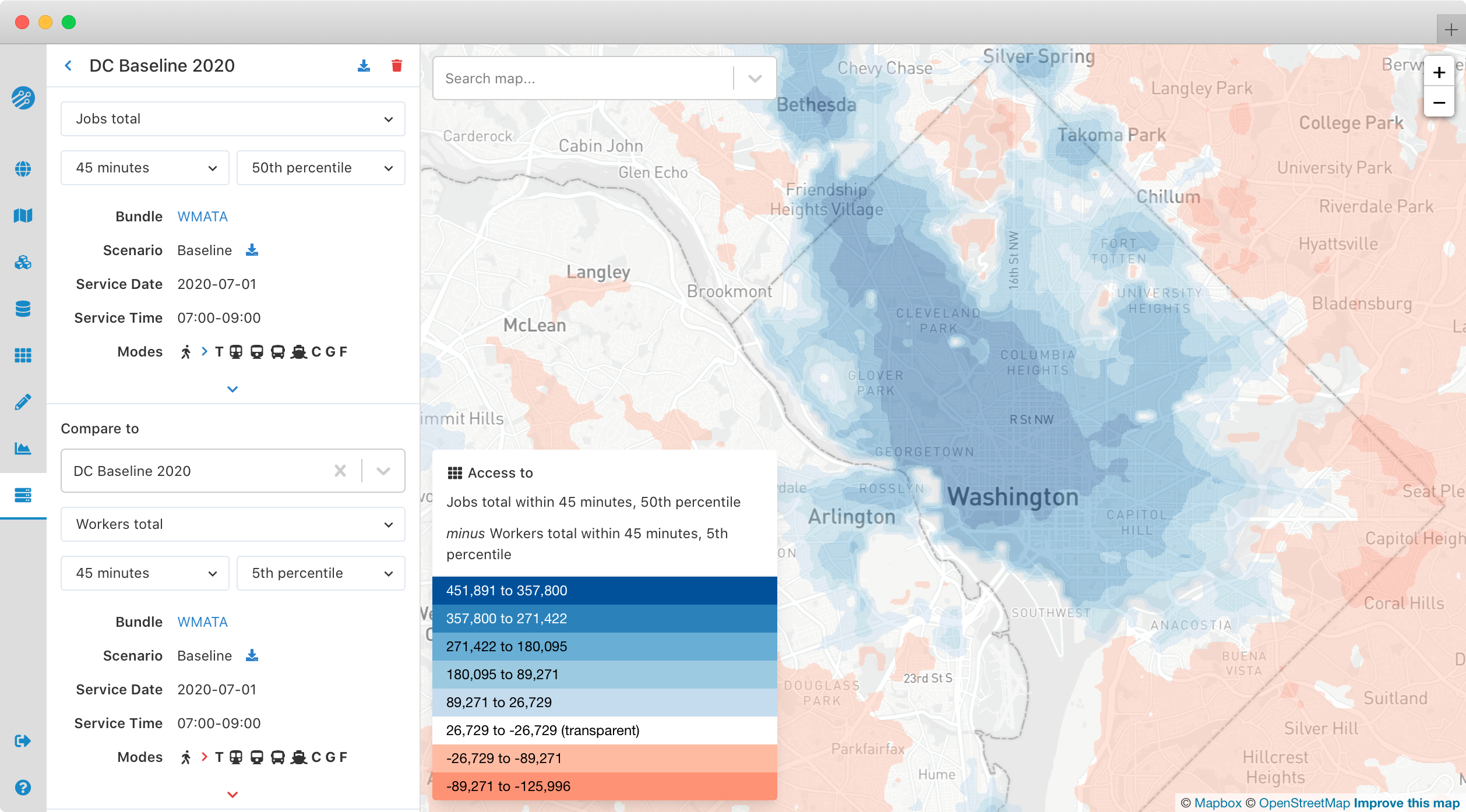 Map showing comparison of two regional analyses in Washington, DC